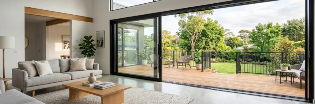 Modern living room with gray sofas, wooden coffee table, open sliding glass doors leading to a wooden deck and lush green backyard.